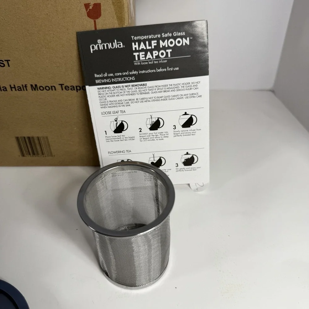 New In Box Primula Glass Tempo Round Loose Tea Infuser Teapot 40 oz Blue/Clear